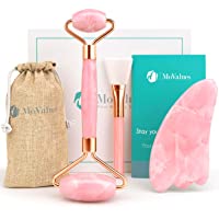 Rodillo de Jade- Gua Sha y Pincel - Set de Masaje Facial en Piedra de Cuarzo Rosa 100% Natural - Masajeador Anti Arrugas…